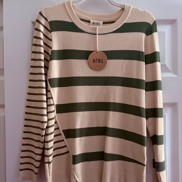 Ladies BiBi Cream Sweater with Brown, Gold, Sage and Rose Stripes main image 1